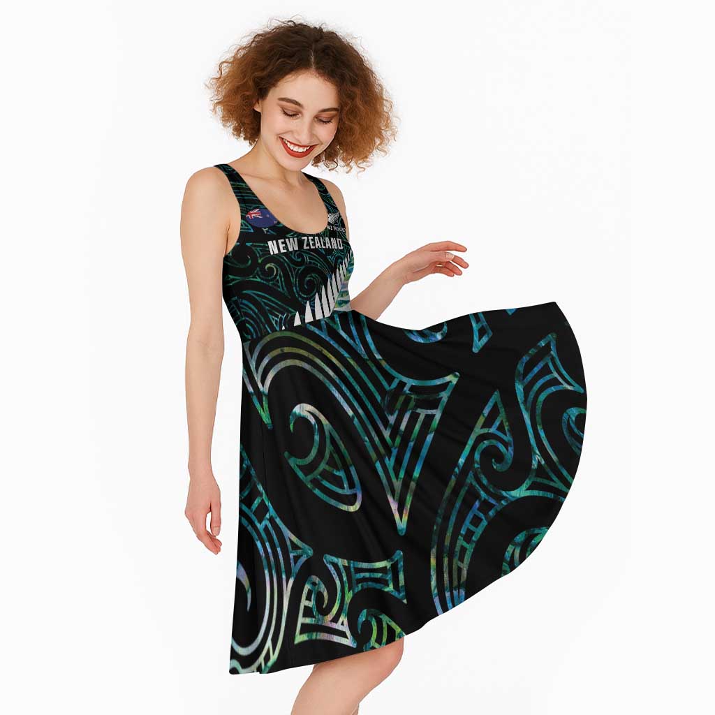 New Zealand Silver Fern Rugby Custom Midi Dress Go All Black Turquoise Maori Paua Shell LT14 - Polynesian Pride