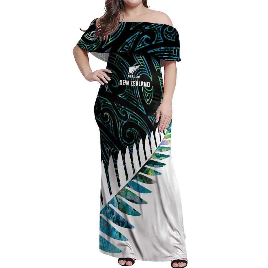 New Zealand Silver Fern Rugby Custom Off Shoulder Maxi Dress Go All Black Turquoise Maori Paua Shell LT14 Women Turquoise - Polynesian Pride