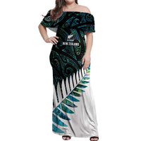New Zealand Silver Fern Rugby Custom Off Shoulder Maxi Dress Go All Black Turquoise Maori Paua Shell LT14 Women Turquoise - Polynesian Pride