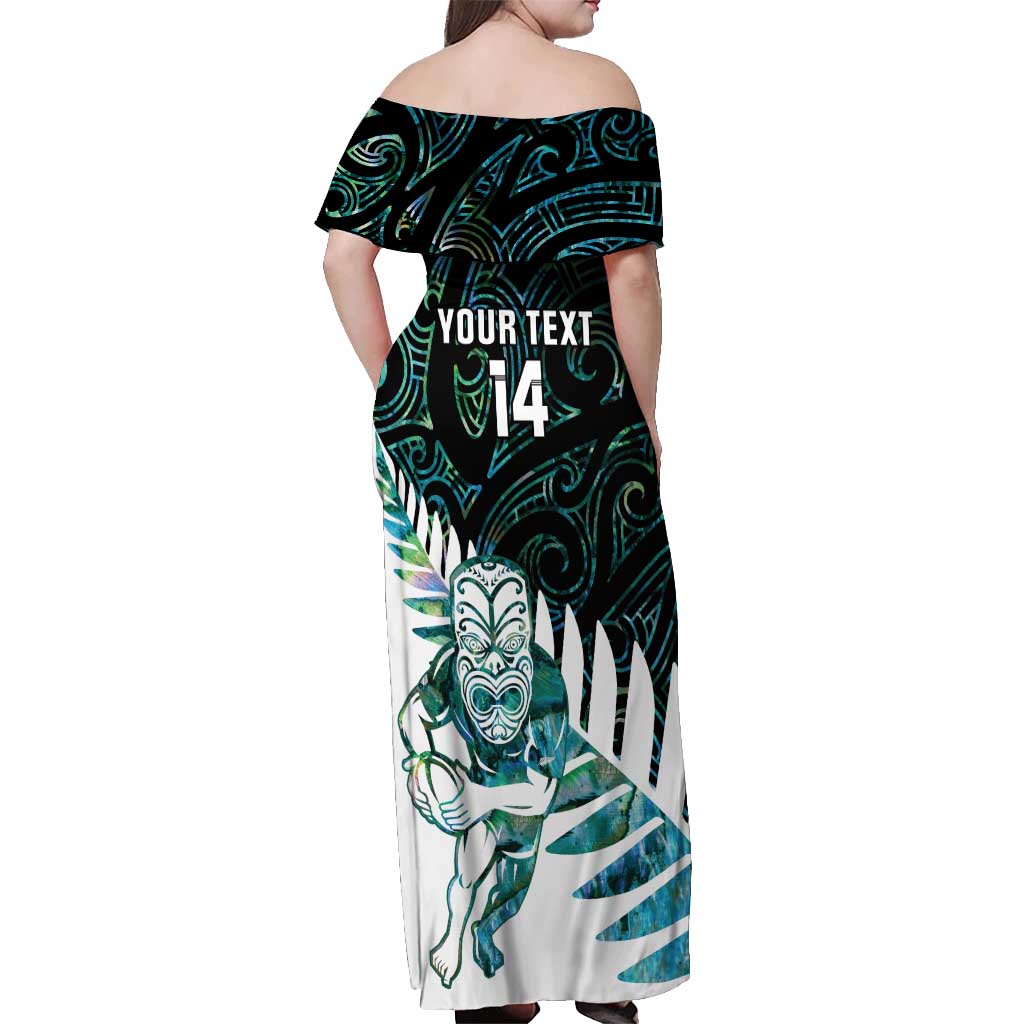 New Zealand Silver Fern Rugby Custom Off Shoulder Maxi Dress Go All Black Turquoise Maori Paua Shell LT14 - Polynesian Pride