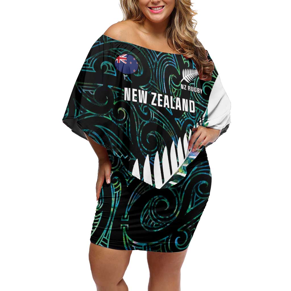 New Zealand Silver Fern Rugby Custom Off Shoulder Short Dress Go All Black Turquoise Maori Paua Shell LT14 Women Turquoise - Polynesian Pride