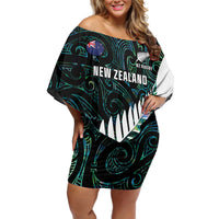 New Zealand Silver Fern Rugby Custom Off Shoulder Short Dress Go All Black Turquoise Maori Paua Shell LT14 Women Turquoise - Polynesian Pride