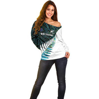 New Zealand Silver Fern Rugby Custom Off Shoulder Sweater Go All Black Turquoise Maori Paua Shell LT14 - Polynesian Pride
