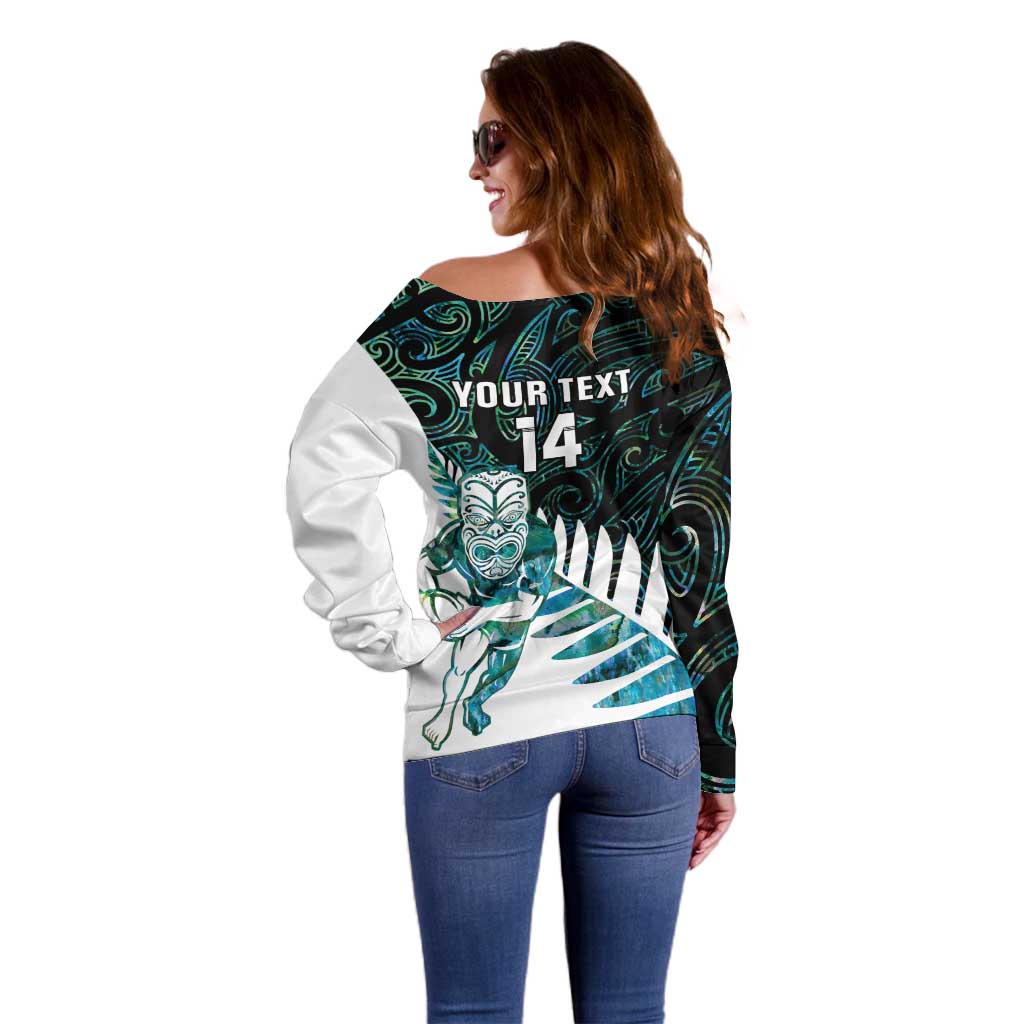 New Zealand Silver Fern Rugby Custom Off Shoulder Sweater Go All Black Turquoise Maori Paua Shell LT14 - Polynesian Pride