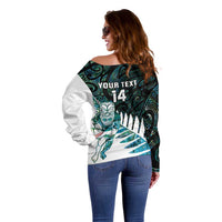 New Zealand Silver Fern Rugby Custom Off Shoulder Sweater Go All Black Turquoise Maori Paua Shell LT14 - Polynesian Pride
