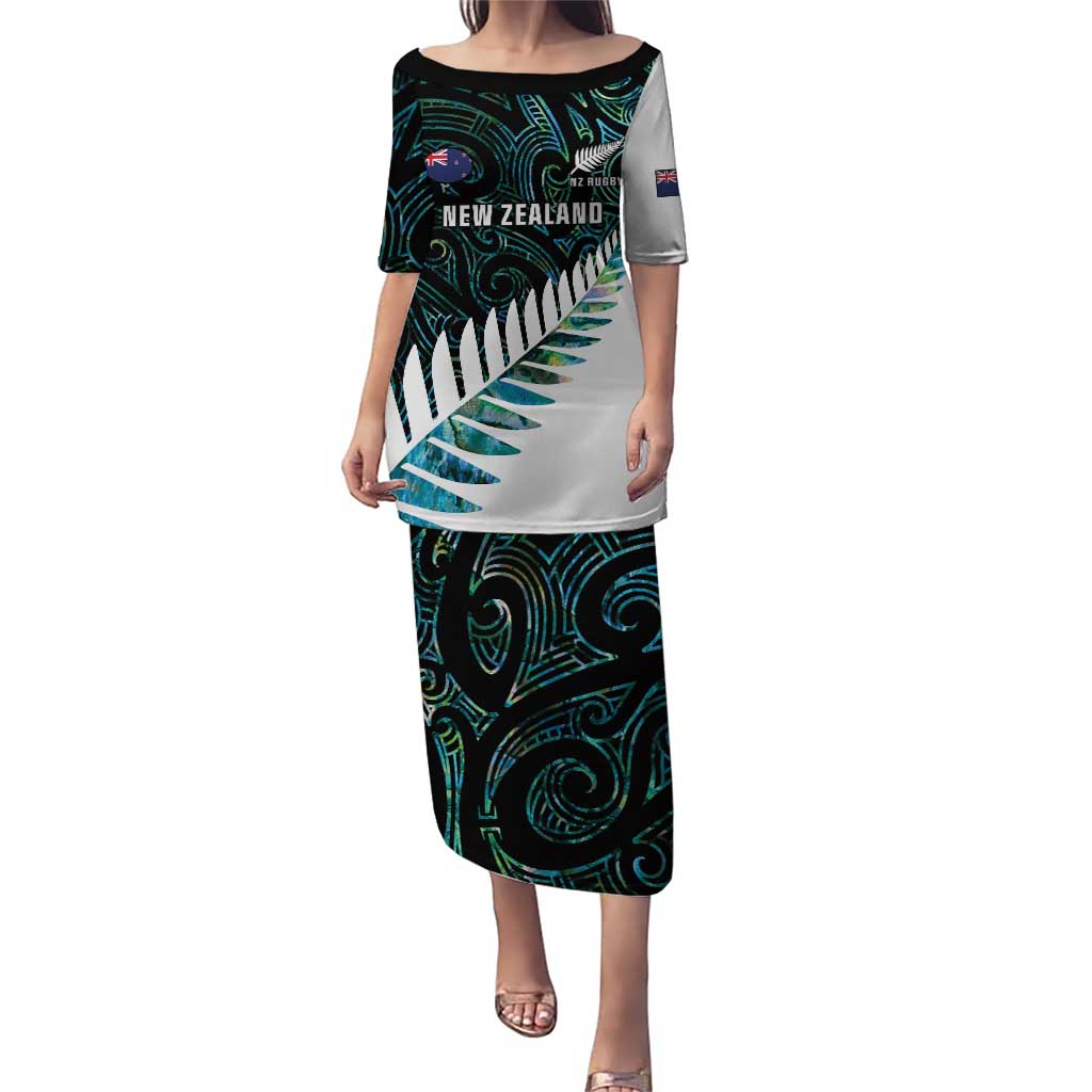 New Zealand Silver Fern Rugby Custom Puletasi Go All Black Turquoise Maori Paua Shell LT14 Long Dress Turquoise - Polynesian Pride