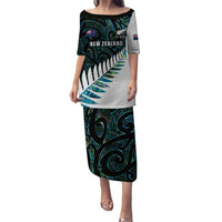 New Zealand Silver Fern Rugby Custom Puletasi Go All Black Turquoise Maori Paua Shell LT14 Long Dress Turquoise - Polynesian Pride