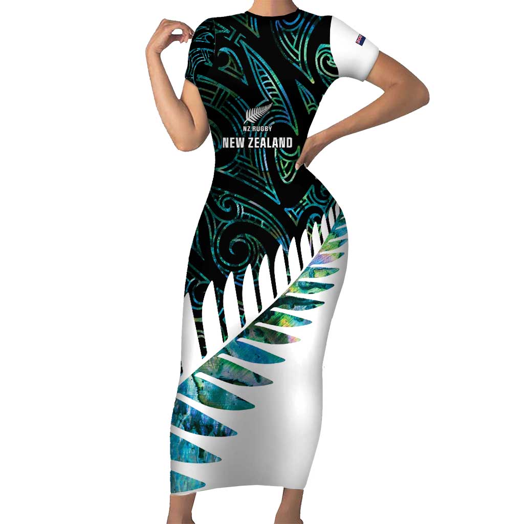 New Zealand Silver Fern Rugby Custom Short Sleeve Bodycon Dress Go All Black Turquoise Maori Paua Shell LT14 Long Dress Turquoise - Polynesian Pride