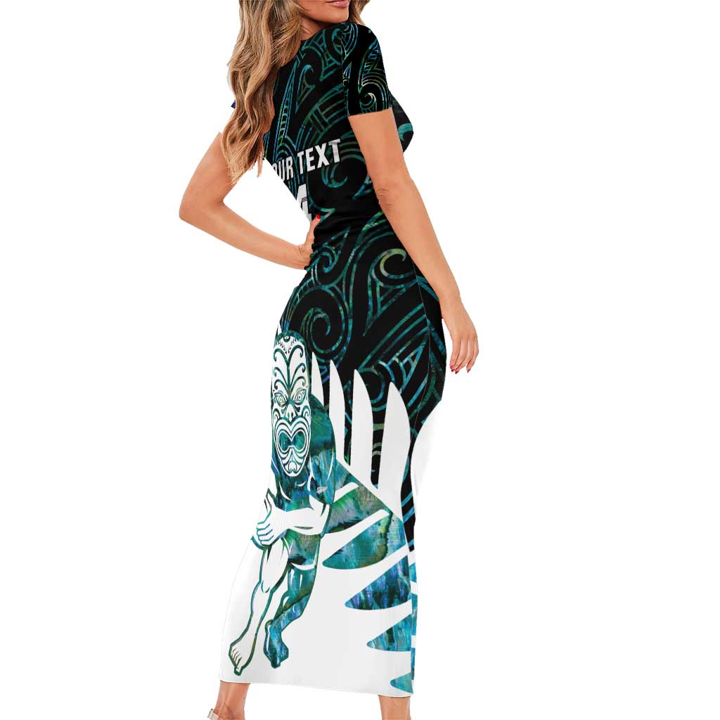 New Zealand Silver Fern Rugby Custom Short Sleeve Bodycon Dress Go All Black Turquoise Maori Paua Shell LT14 - Polynesian Pride
