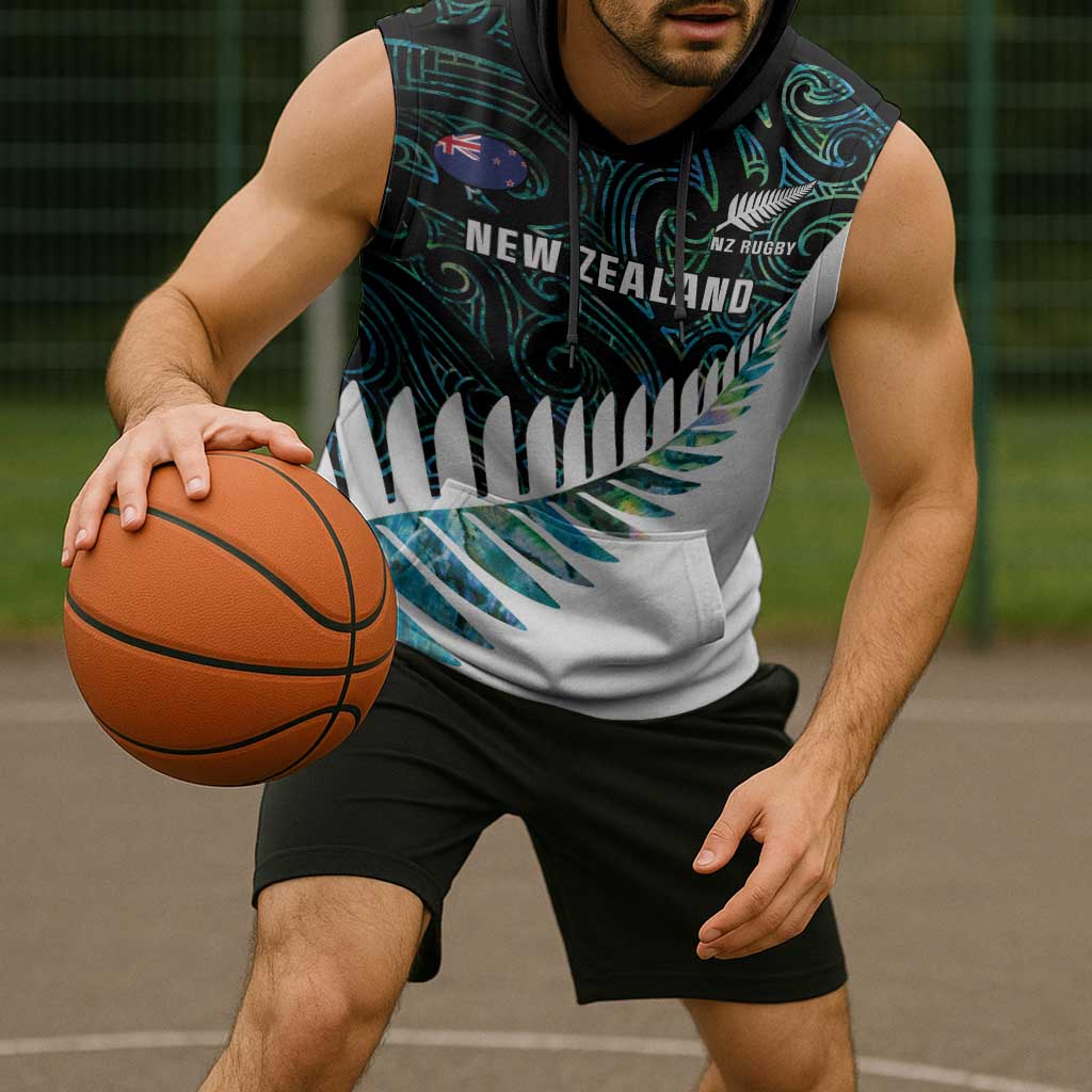 New Zealand Silver Fern Rugby Custom Sleeveless Hoodie Go All Black Turquoise Maori Paua Shell LT14 - Polynesian Pride