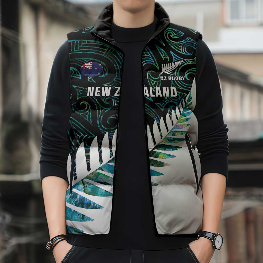 New Zealand Silver Fern Rugby Custom Sleeveless Puffer Jacket Go All Black Turquoise Maori Paua Shell - Polynesian Pride