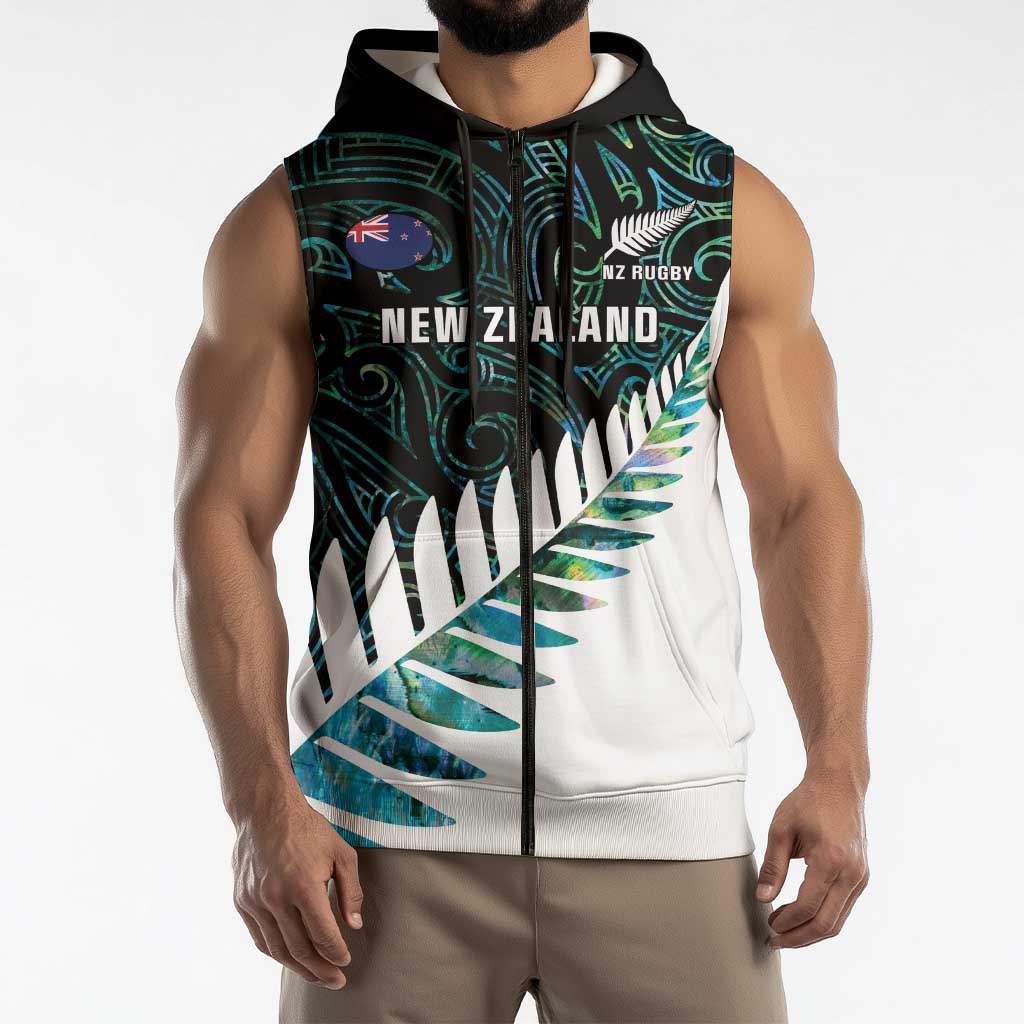 New Zealand Silver Fern Rugby Custom Sleeveless Zip Hoodie Go All Black Turquoise Maori Paua Shell LT14 - Polynesian Pride
