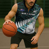 New Zealand Silver Fern Rugby Custom Sleeveless Zip Hoodie Go All Black Turquoise Maori Paua Shell LT14 - Polynesian Pride