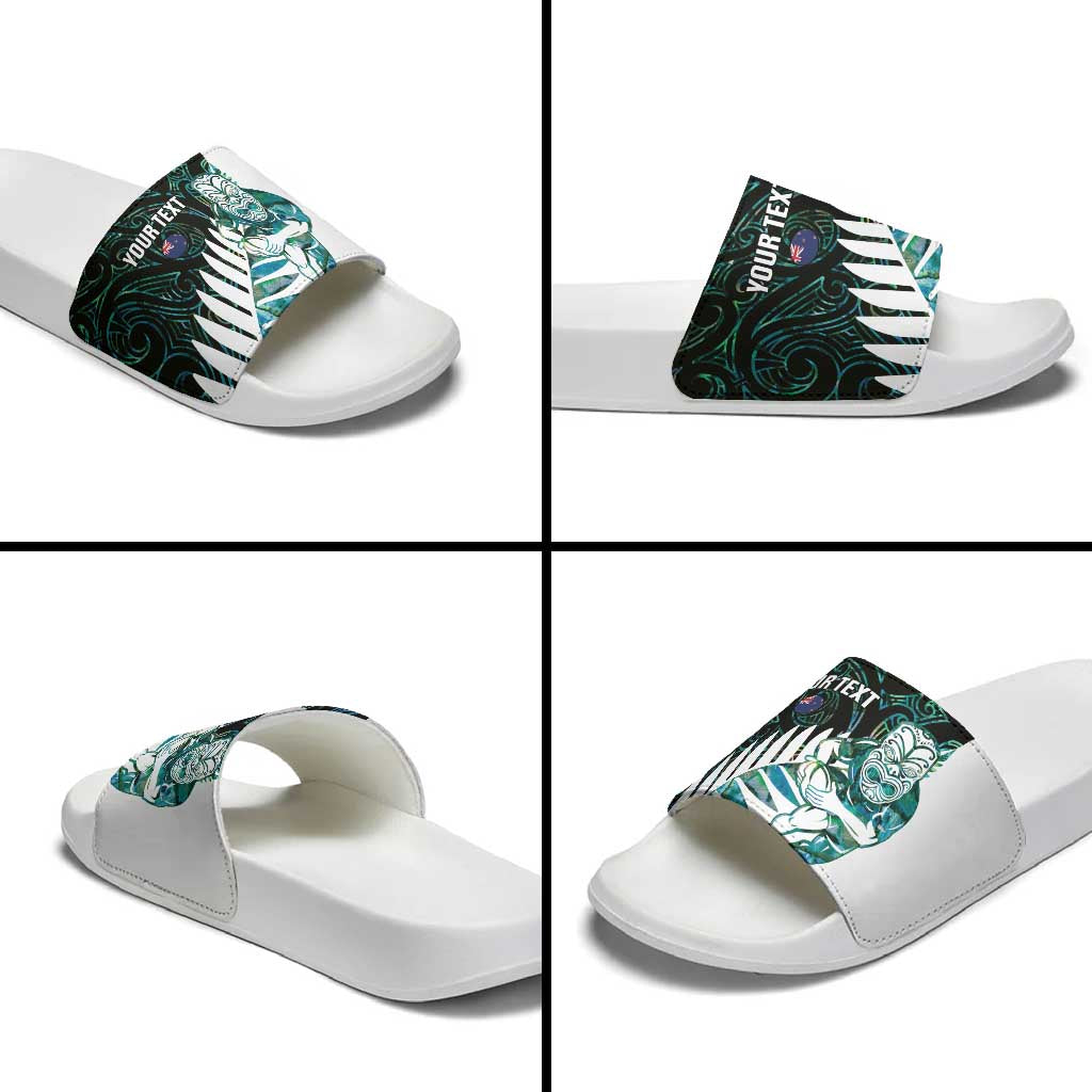New Zealand Silver Fern Rugby Custom Slide Sandals Go All Black Turquoise Maori Paua Shell LT14 - Polynesian Pride