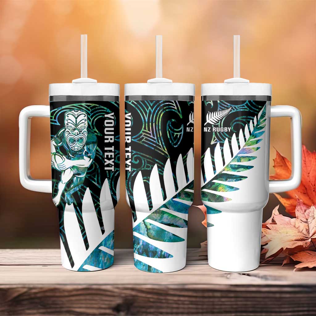 New Zealand Silver Fern Rugby Custom Tumbler With Handle Go All Black Turquoise Maori Paua Shell LT14 - Polynesian Pride