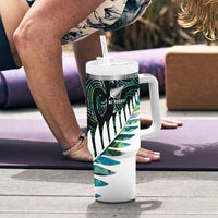 New Zealand Silver Fern Rugby Custom Tumbler With Handle Go All Black Turquoise Maori Paua Shell LT14 - Polynesian Pride
