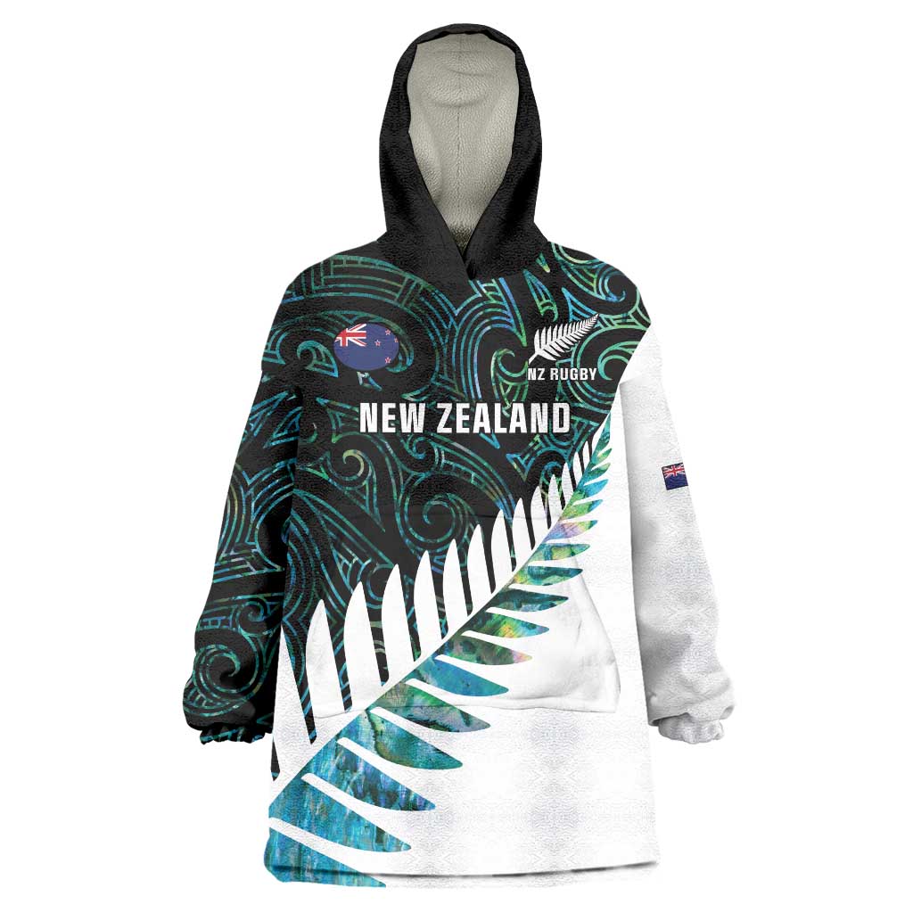 New Zealand Silver Fern Rugby Custom Wearable Blanket Hoodie Go All Black Turquoise Maori Paua Shell - Polynesian Pride