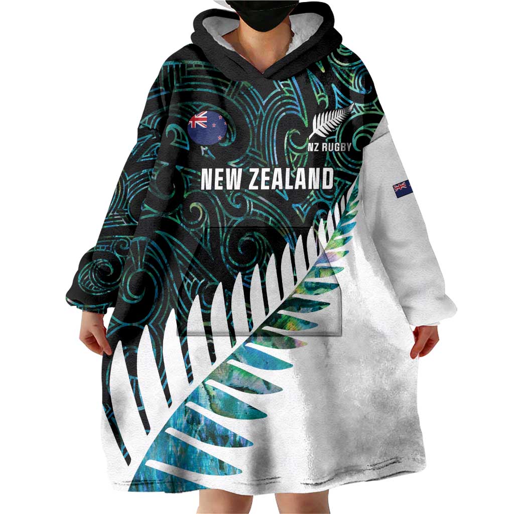 New Zealand Silver Fern Rugby Custom Wearable Blanket Hoodie Go All Black Turquoise Maori Paua Shell LT14 - Polynesian Pride