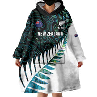 New Zealand Silver Fern Rugby Custom Wearable Blanket Hoodie Go All Black Turquoise Maori Paua Shell LT14 - Polynesian Pride