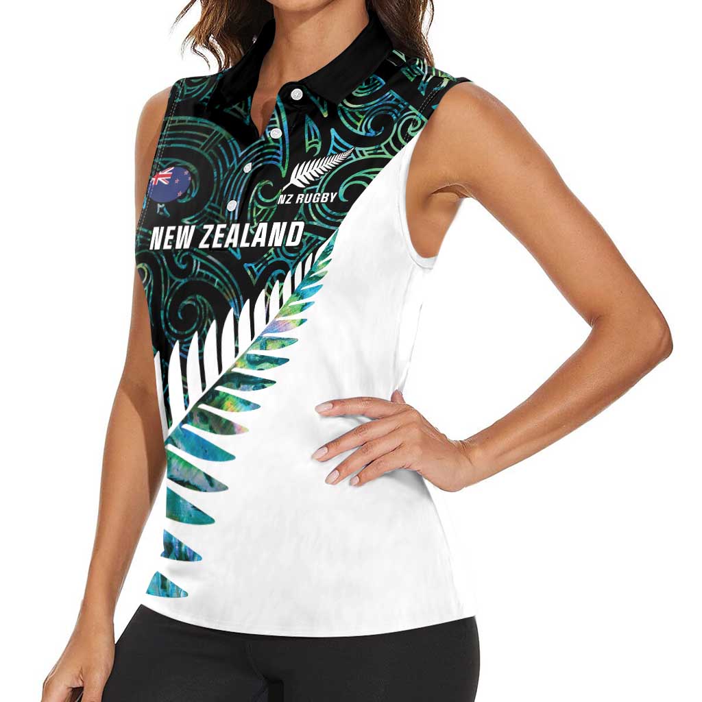 New Zealand Silver Fern Rugby Custom Women Sleeveless Polo Shirt Go All Black Turquoise Maori Paua Shell LT14 - Polynesian Pride