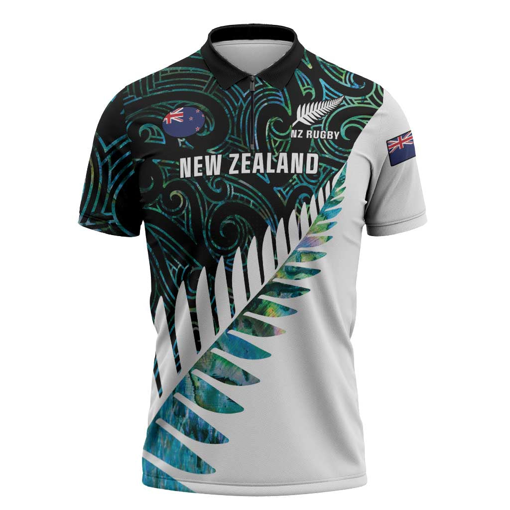 New Zealand Silver Fern Rugby Custom Zipper Polo Shirt Go All Black Turquoise Maori Paua Shell LT14 Turquoise - Polynesian Pride