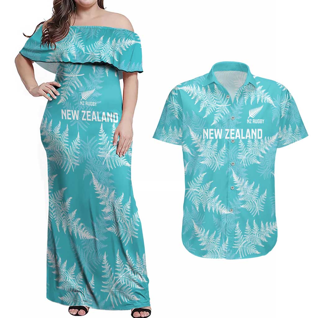 New Zealand Silver Fern Rugby Custom Couples Matching Off Shoulder Maxi Dress and Hawaiian Shirt Go Aotearoa Champions Turquoise Version LT14 Turquoise - Polynesian Pride