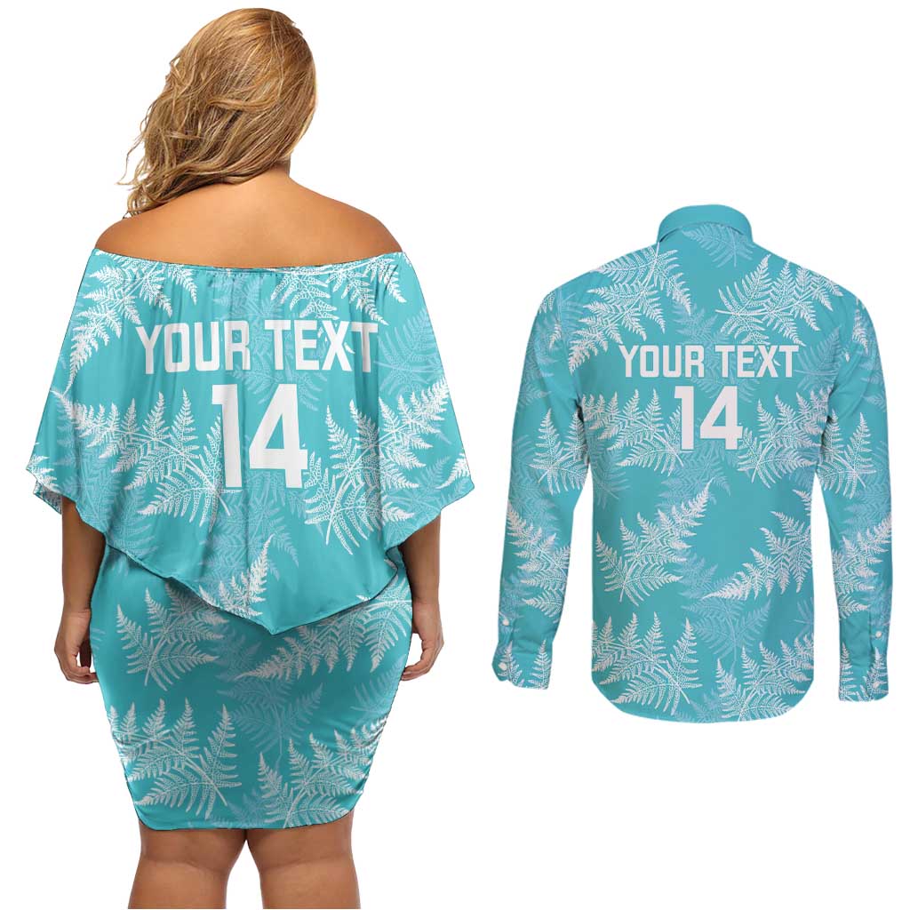 New Zealand Silver Fern Rugby Custom Couples Matching Off Shoulder Short Dress and Long Sleeve Button Shirt Go Aotearoa Champions Turquoise Version LT14 - Polynesian Pride
