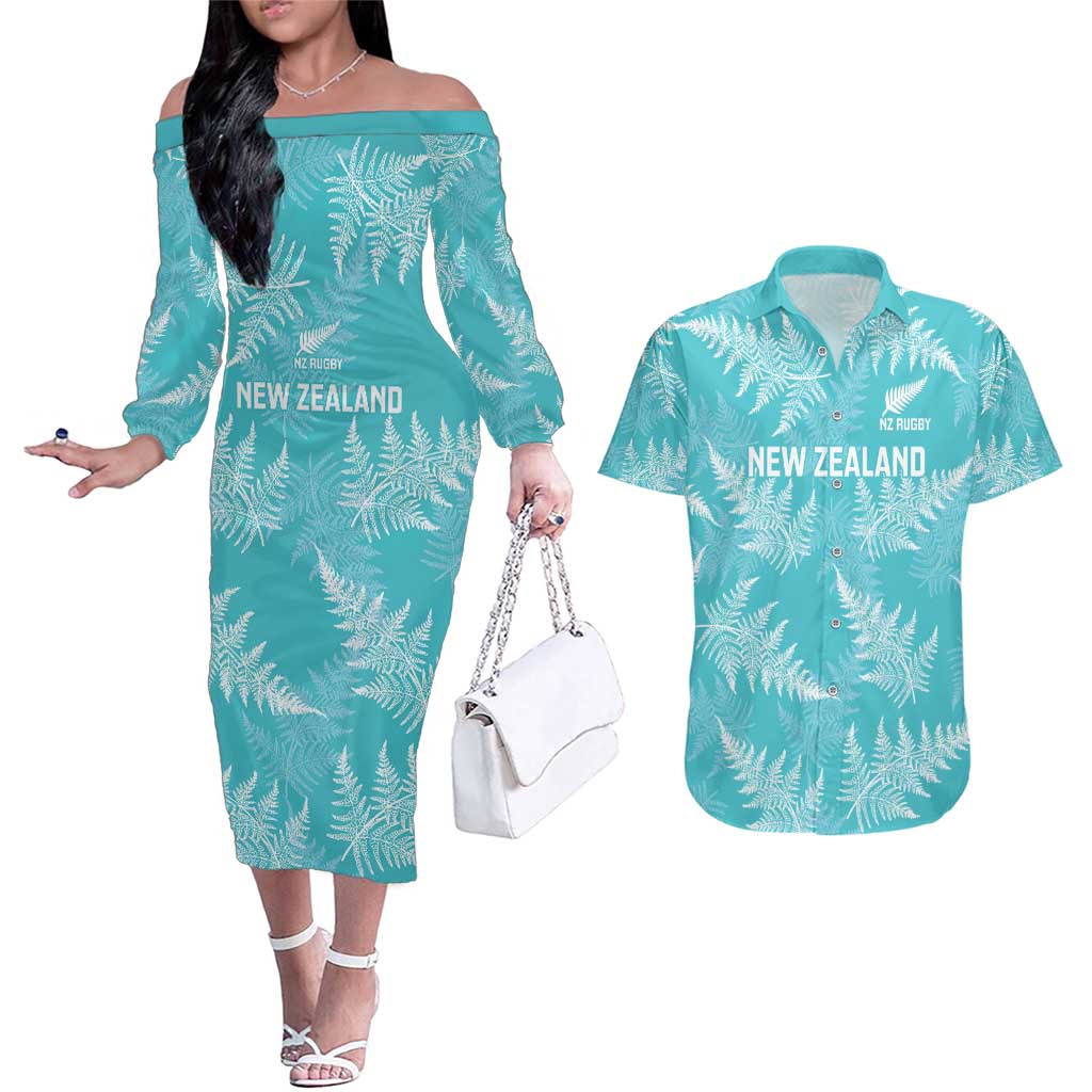 New Zealand Silver Fern Rugby Custom Couples Matching Off The Shoulder Long Sleeve Dress and Hawaiian Shirt Go Aotearoa Champions Turquoise Version LT14 Turquoise - Polynesian Pride
