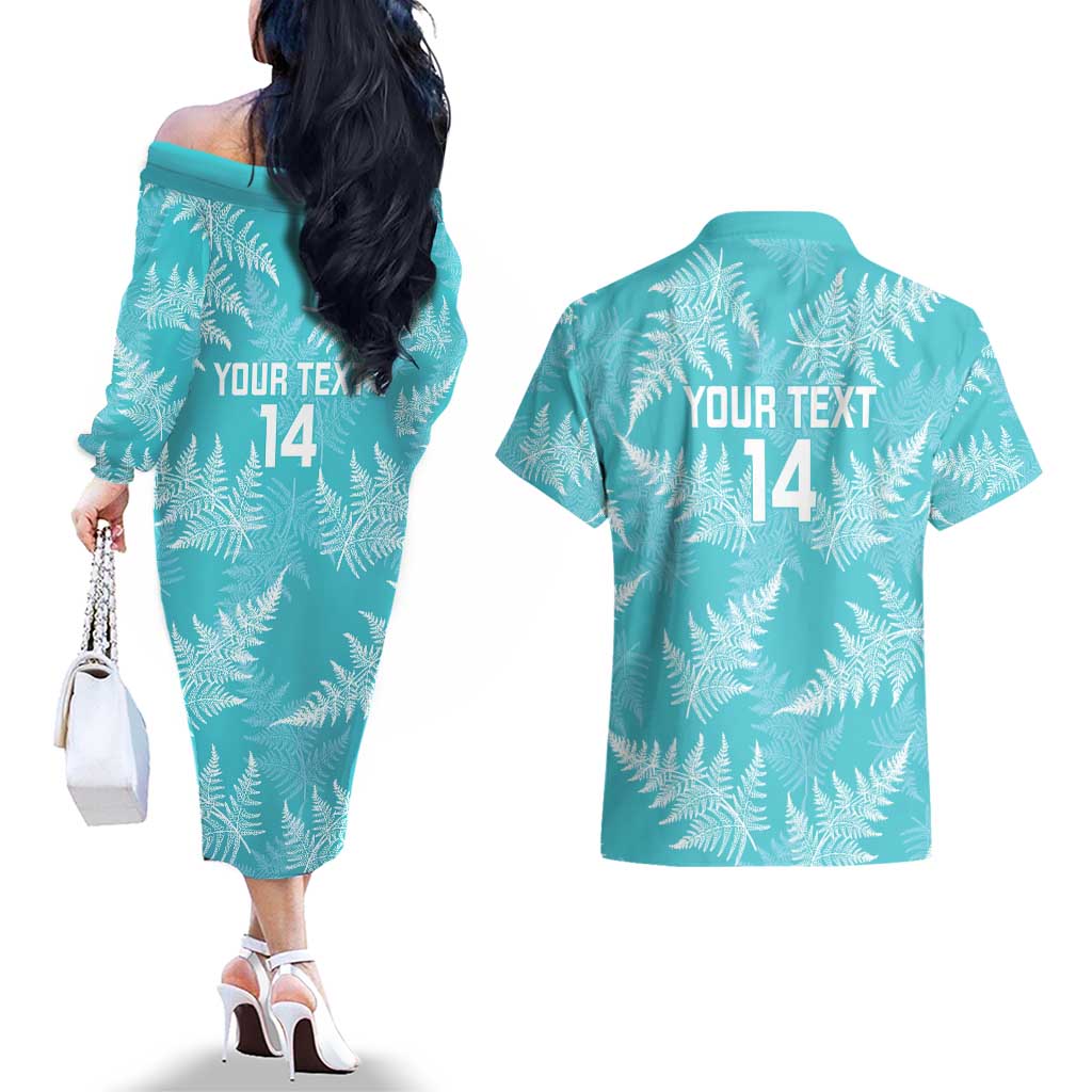 New Zealand Silver Fern Rugby Custom Couples Matching Off The Shoulder Long Sleeve Dress and Hawaiian Shirt Go Aotearoa Champions Turquoise Version LT14 - Polynesian Pride