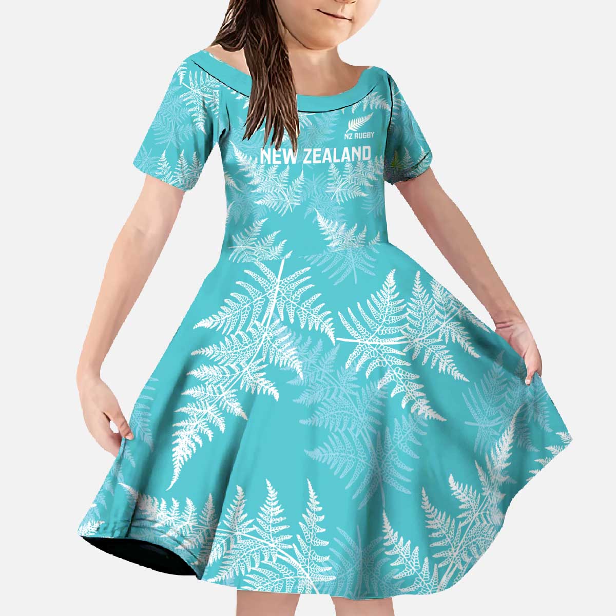 New Zealand Silver Fern Rugby Custom Family Matching Off The Shoulder Long Sleeve Dress and Hawaiian Shirt Go Aotearoa Champions Turquoise Version LT14 Daughter's Dress Turquoise - Polynesian Pride