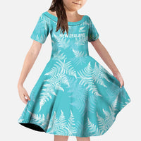 New Zealand Silver Fern Rugby Custom Family Matching Off The Shoulder Long Sleeve Dress and Hawaiian Shirt Go Aotearoa Champions Turquoise Version LT14 Daughter's Dress Turquoise - Polynesian Pride