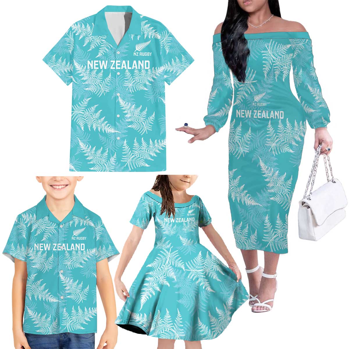 New Zealand Silver Fern Rugby Custom Family Matching Off The Shoulder Long Sleeve Dress and Hawaiian Shirt Go Aotearoa Champions Turquoise Version LT14 - Polynesian Pride