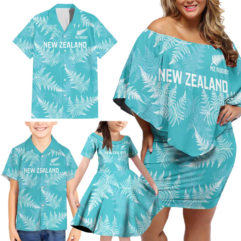 New Zealand Silver Fern Rugby Custom Family Matching Off Shoulder Short Dress and Hawaiian Shirt Go Aotearoa Champions Turquoise Version LT14 - Polynesian Pride