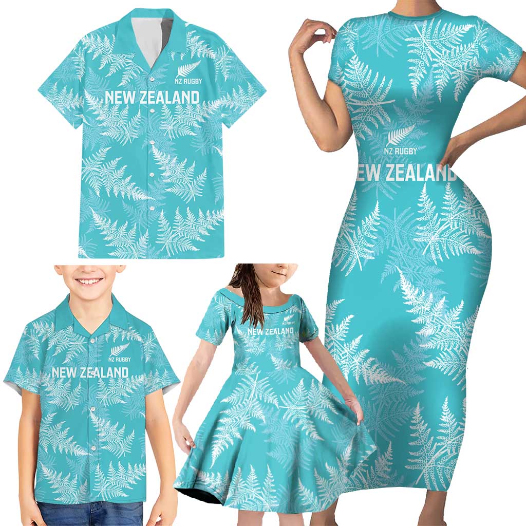 New Zealand Silver Fern Rugby Custom Family Matching Short Sleeve Bodycon Dress and Hawaiian Shirt Go Aotearoa Champions Turquoise Version LT14 - Polynesian Pride