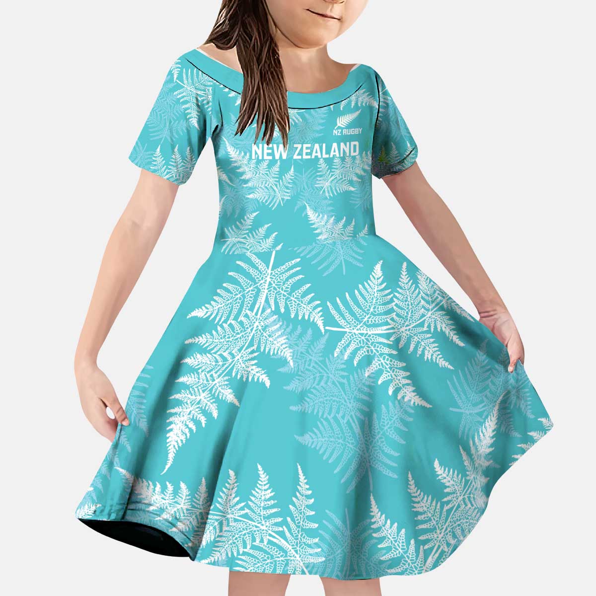 New Zealand Silver Fern Rugby Custom Kid Short Sleeve Dress Go Aotearoa Champions Turquoise Version LT14 KID Turquoise - Polynesian Pride