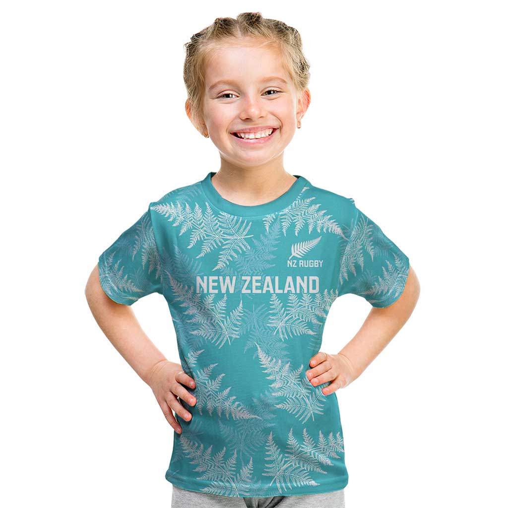 New Zealand Silver Fern Rugby Custom Kid T Shirt Go Aotearoa Champions Turquoise Version LT14 Turquoise - Polynesian Pride