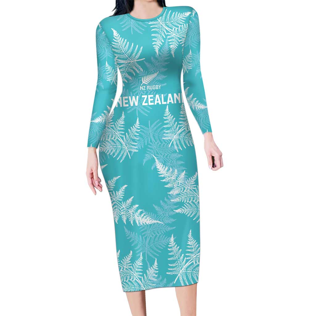 New Zealand Silver Fern Rugby Custom Long Sleeve Bodycon Dress Go Aotearoa Champions Turquoise Version LT14 Long Dress Turquoise - Polynesian Pride