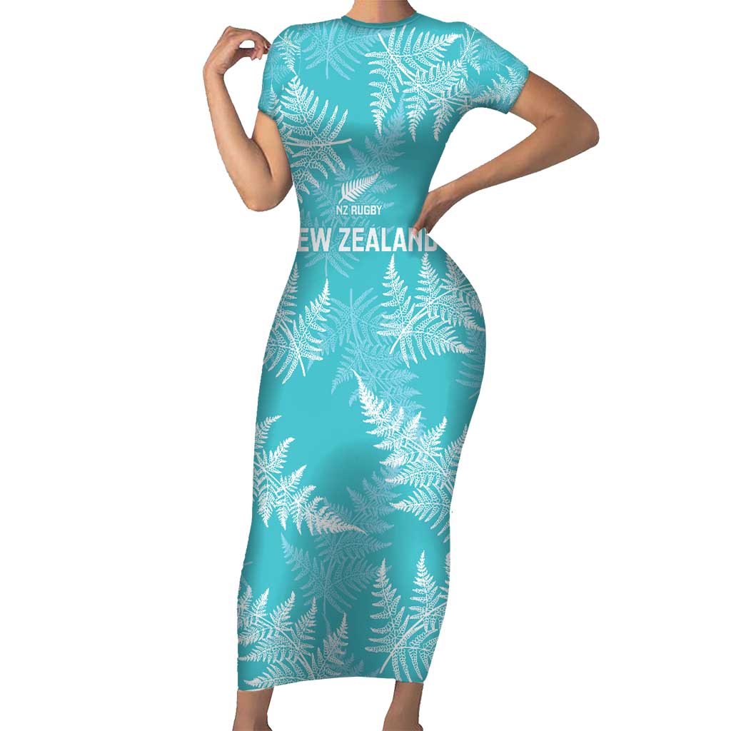 New Zealand Silver Fern Rugby Custom Short Sleeve Bodycon Dress Go Aotearoa Champions Turquoise Version LT14 Long Dress Turquoise - Polynesian Pride