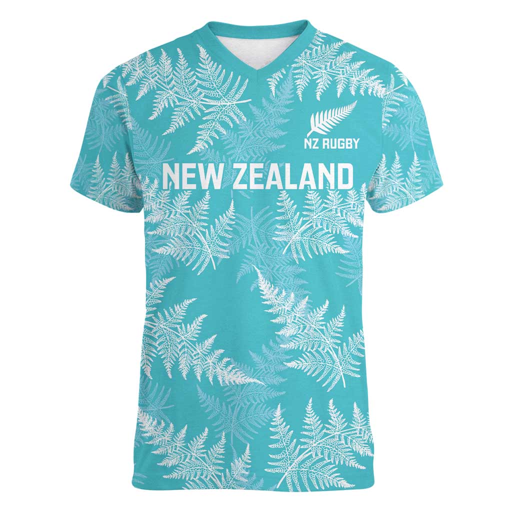 New Zealand Silver Fern Rugby Custom Women V-Neck T-Shirt Go Aotearoa Champions Turquoise Version - Polynesian Pride