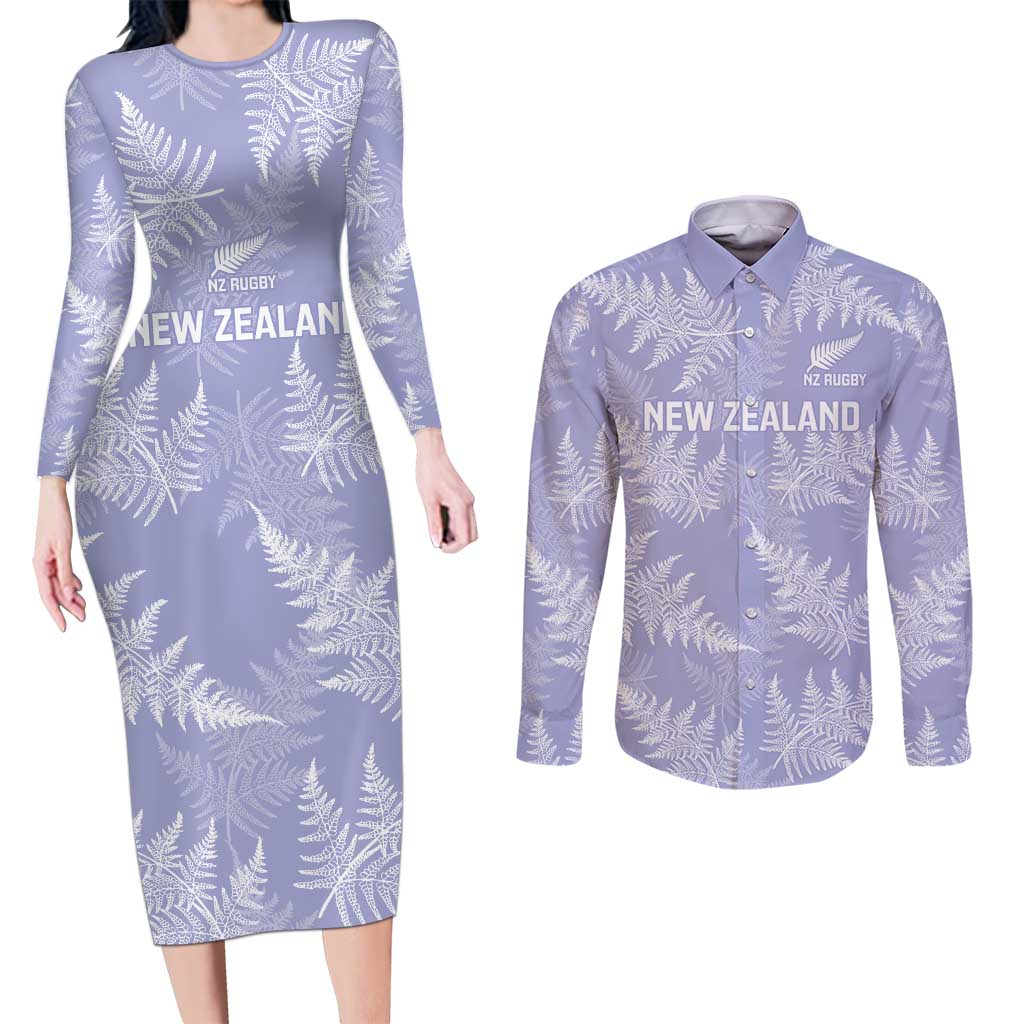 New Zealand Silver Fern Rugby Custom Couples Matching Long Sleeve Bodycon Dress and Long Sleeve Button Shirt Go Aotearoa Champions Purple Version - Polynesian Pride