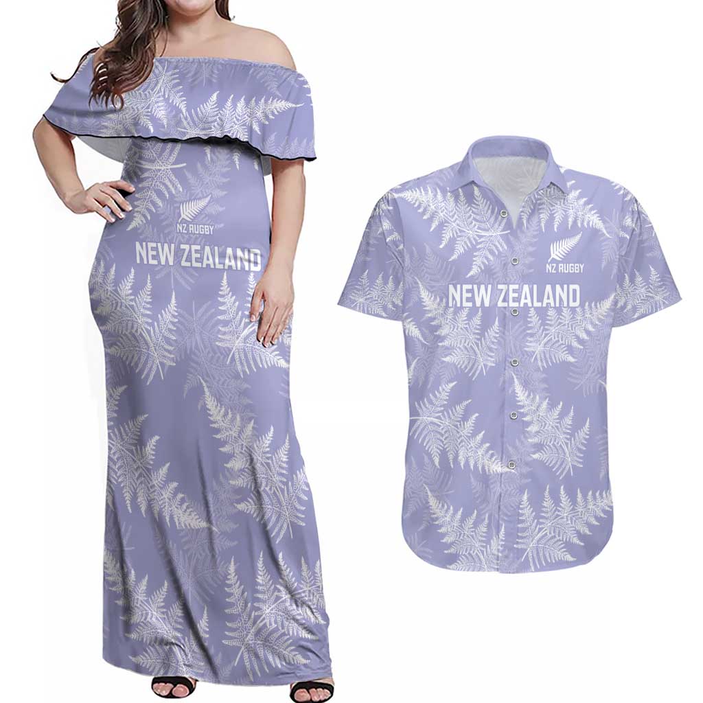 New Zealand Silver Fern Rugby Custom Couples Matching Off Shoulder Maxi Dress and Hawaiian Shirt Go Aotearoa Champions Purple Version - Polynesian Pride