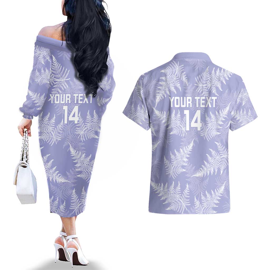 New Zealand Silver Fern Rugby Custom Couples Matching Off The Shoulder Long Sleeve Dress and Hawaiian Shirt Go Aotearoa Champions Purple Version LT14 - Polynesian Pride
