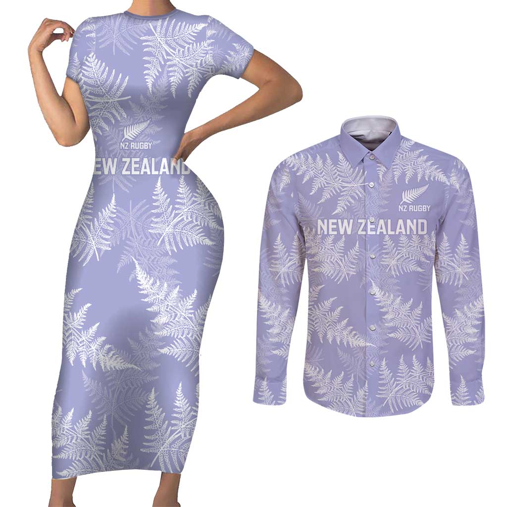 New Zealand Silver Fern Rugby Custom Couples Matching Short Sleeve Bodycon Dress and Long Sleeve Button Shirt Go Aotearoa Champions Purple Version - Polynesian Pride