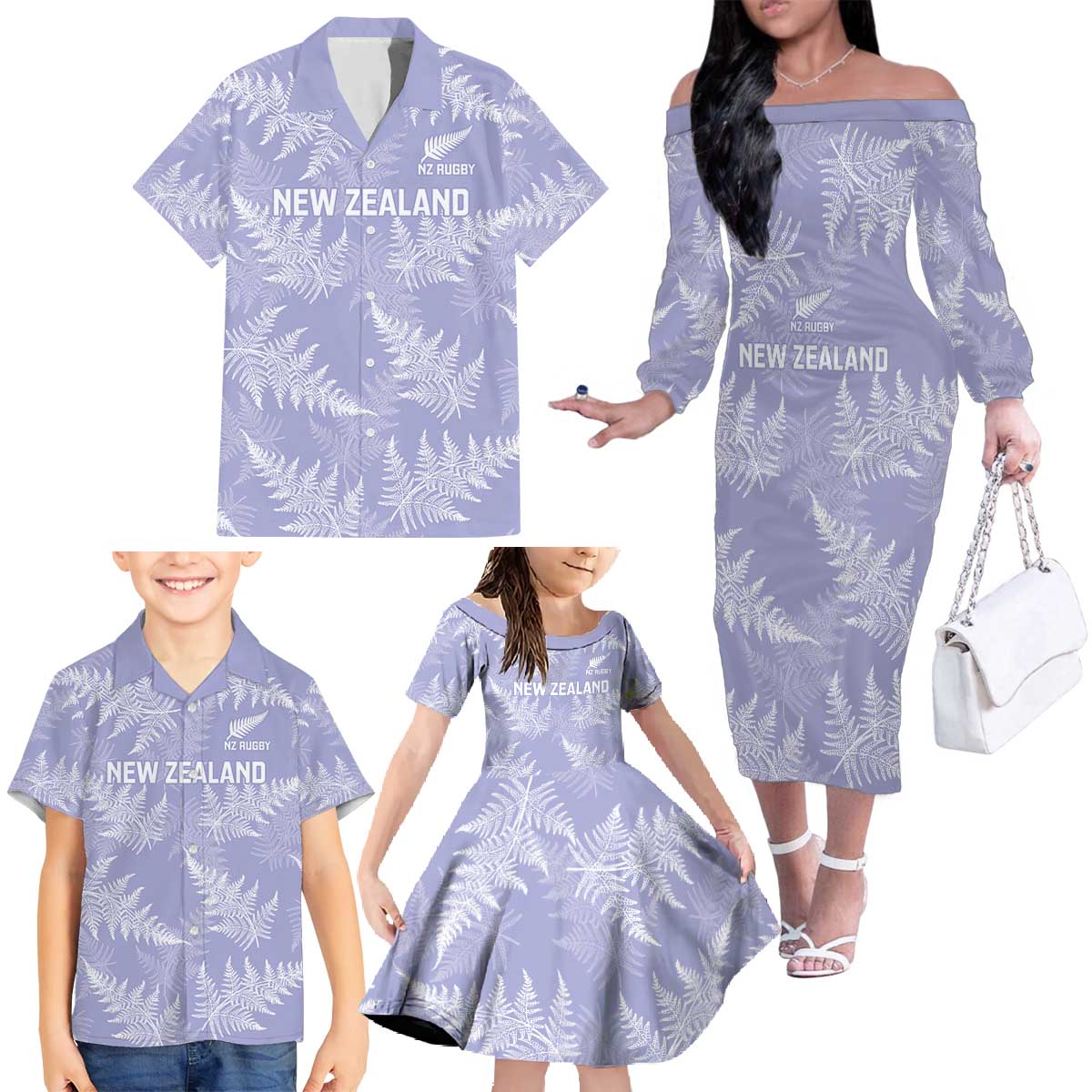 New Zealand Silver Fern Rugby Custom Family Matching Off The Shoulder Long Sleeve Dress and Hawaiian Shirt Go Aotearoa Champions Purple Version LT14 - Polynesian Pride