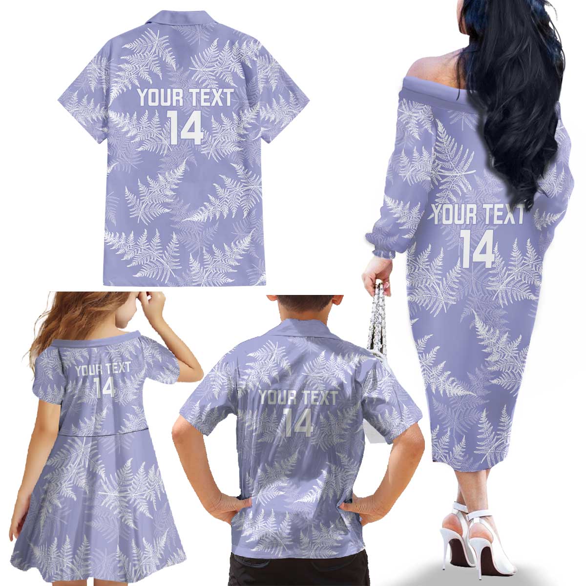 New Zealand Silver Fern Rugby Custom Family Matching Off The Shoulder Long Sleeve Dress and Hawaiian Shirt Go Aotearoa Champions Purple Version LT14 - Polynesian Pride