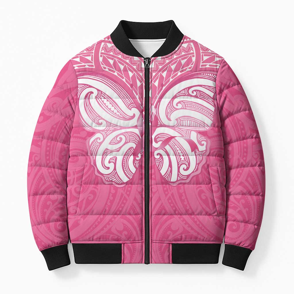 New Zealand Breast Cancer Awareness Bomber Puffer Jacket Maori Butterfly Pink Ribbon LT14 Unisex Pink - Polynesian Pride