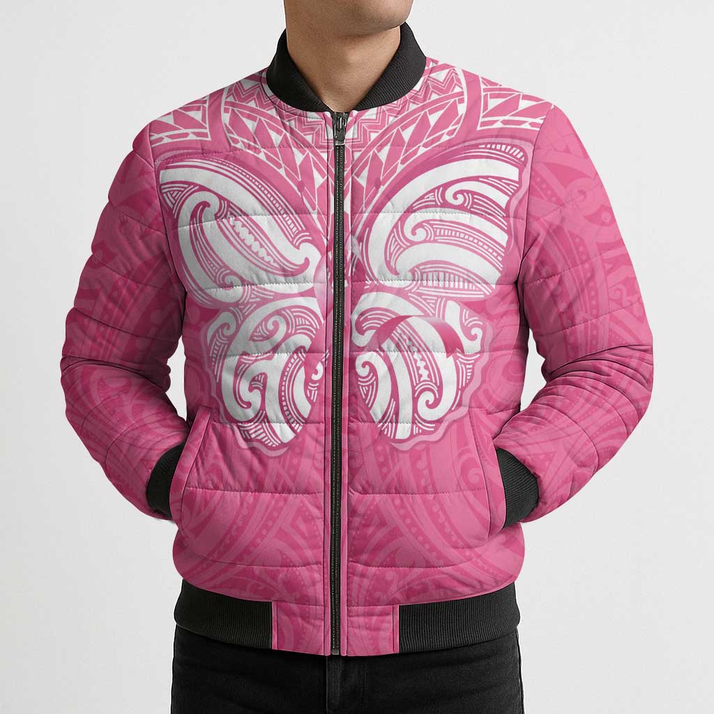 New Zealand Breast Cancer Awareness Bomber Puffer Jacket Maori Butterfly Pink Ribbon LT14 - Polynesian Pride