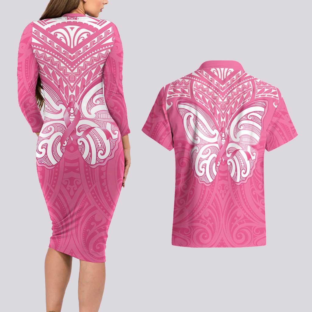 New Zealand Breast Cancer Awareness Couples Matching Long Sleeve Bodycon Dress and Hawaiian Shirt Maori Butterfly Pink Ribbon LT14 - Polynesian Pride