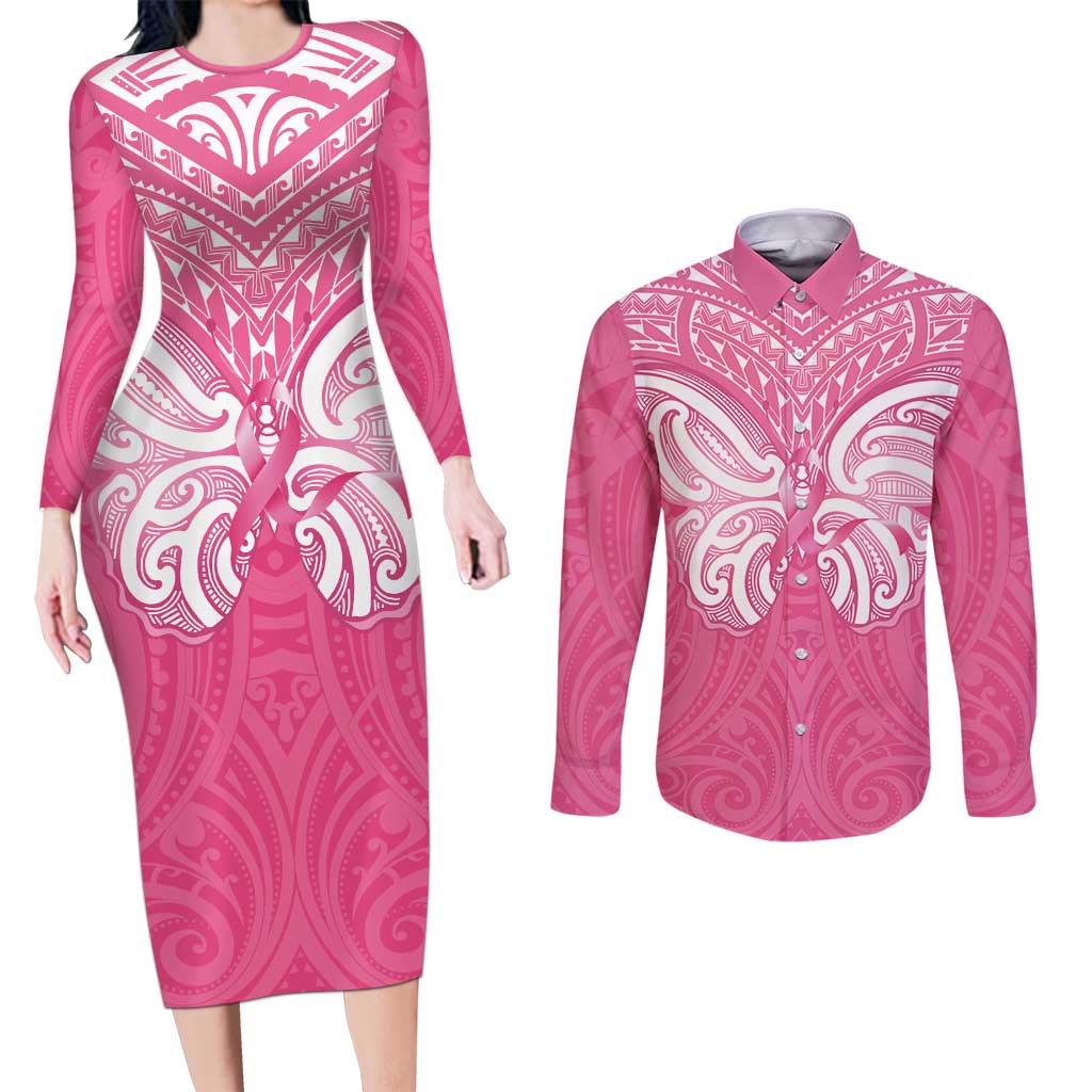 New Zealand Breast Cancer Awareness Couples Matching Long Sleeve Bodycon Dress and Long Sleeve Button Shirt Maori Butterfly Pink Ribbon LT14 Pink - Polynesian Pride