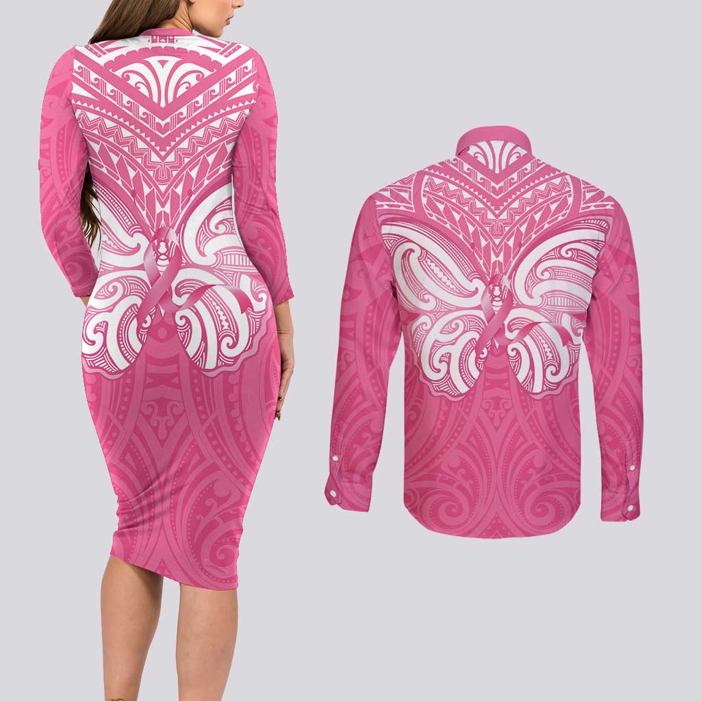 New Zealand Breast Cancer Awareness Couples Matching Long Sleeve Bodycon Dress and Long Sleeve Button Shirt Maori Butterfly Pink Ribbon LT14 - Polynesian Pride